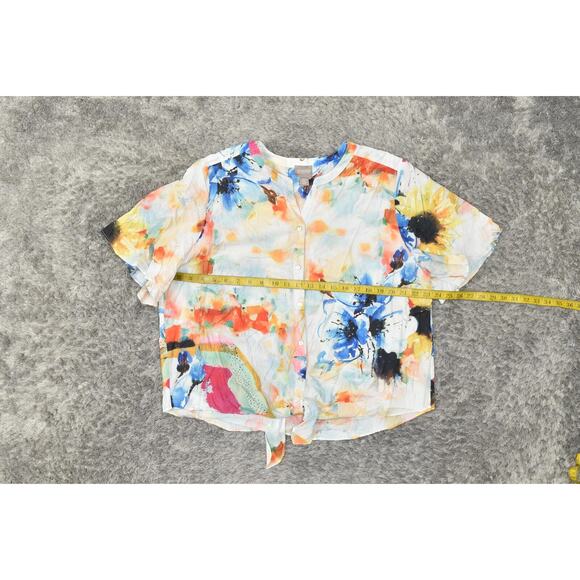 Chico's Size 3 Multicolor Polyester V Neck Button-Up Top Short Sleeve Tie Dye - Picture 2 of 7